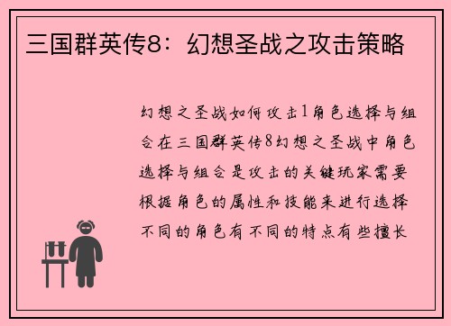 三国群英传8：幻想圣战之攻击策略